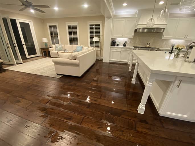 Water damage restoration project in a residential kitchen and living area